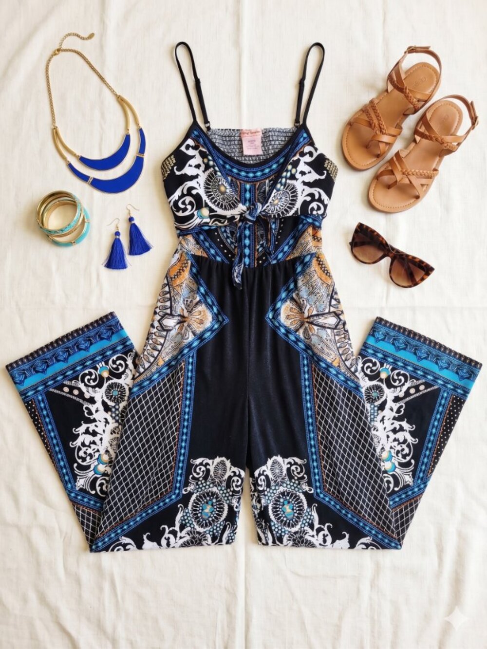 Flying Tomato Black Printed Maxi Jumpsuit with Blue & White Accents